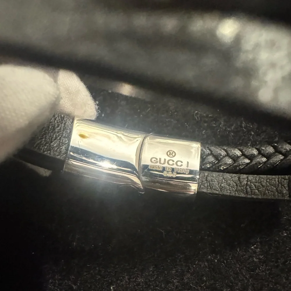 Gucci AG925 Silver Snake Black Leather Bracelet